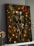 Romantic Skeleton Couple Lying in Floral Field Canvas, Halloween Love Art, Rustic Autumn Wall Decor, Gothic Nature Canvas Painting Love Romance Flower