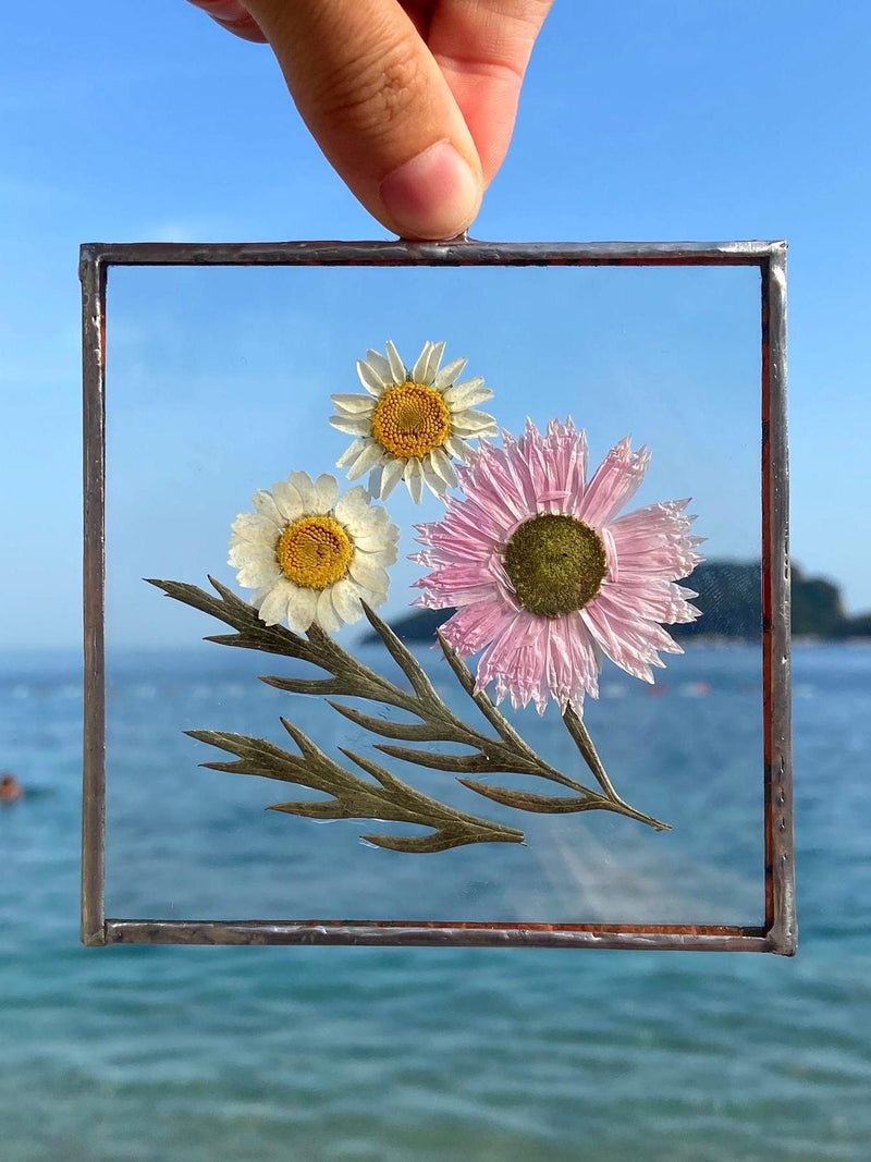 Pressed Flower Art: Silver Stained Glass Frame, 4x4" sympathy flower