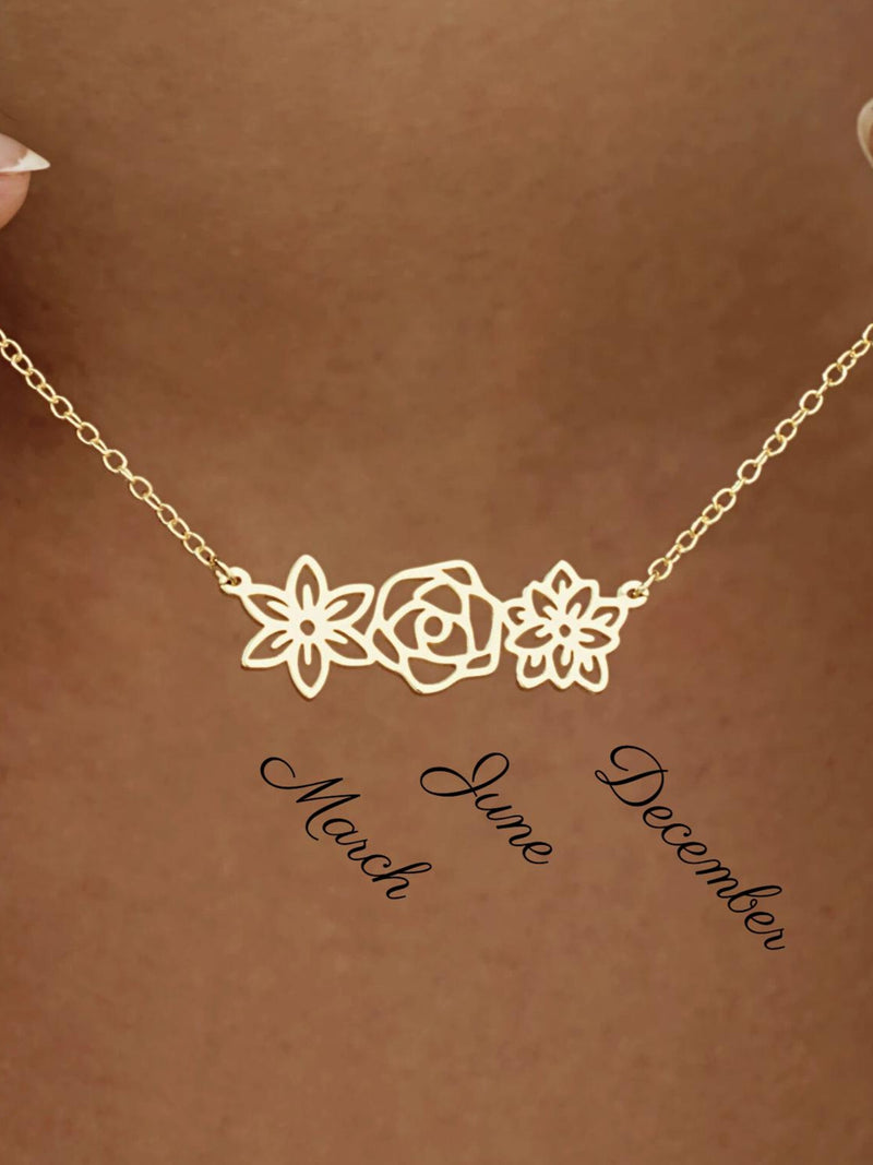 Personalized 14K Gold Birth Flower Necklace, Dainty Birth Flower Bouquet Pendant, Custom Family Gift, Christmas Gift for Mom birthday flower