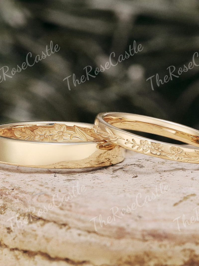 2pcs Floral Engraved Wedding Band Set, Solid Gold Matching Rings, His and Hers Engraved Wedding Bands, Birth Flower Couple Rings wedding flower