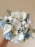 Faux bridal bouquet with white and dusty blue flowers, white callas bouquets, dusty blue bridal bouquet, blue fake bouquet, blue boutonniere wedding flower