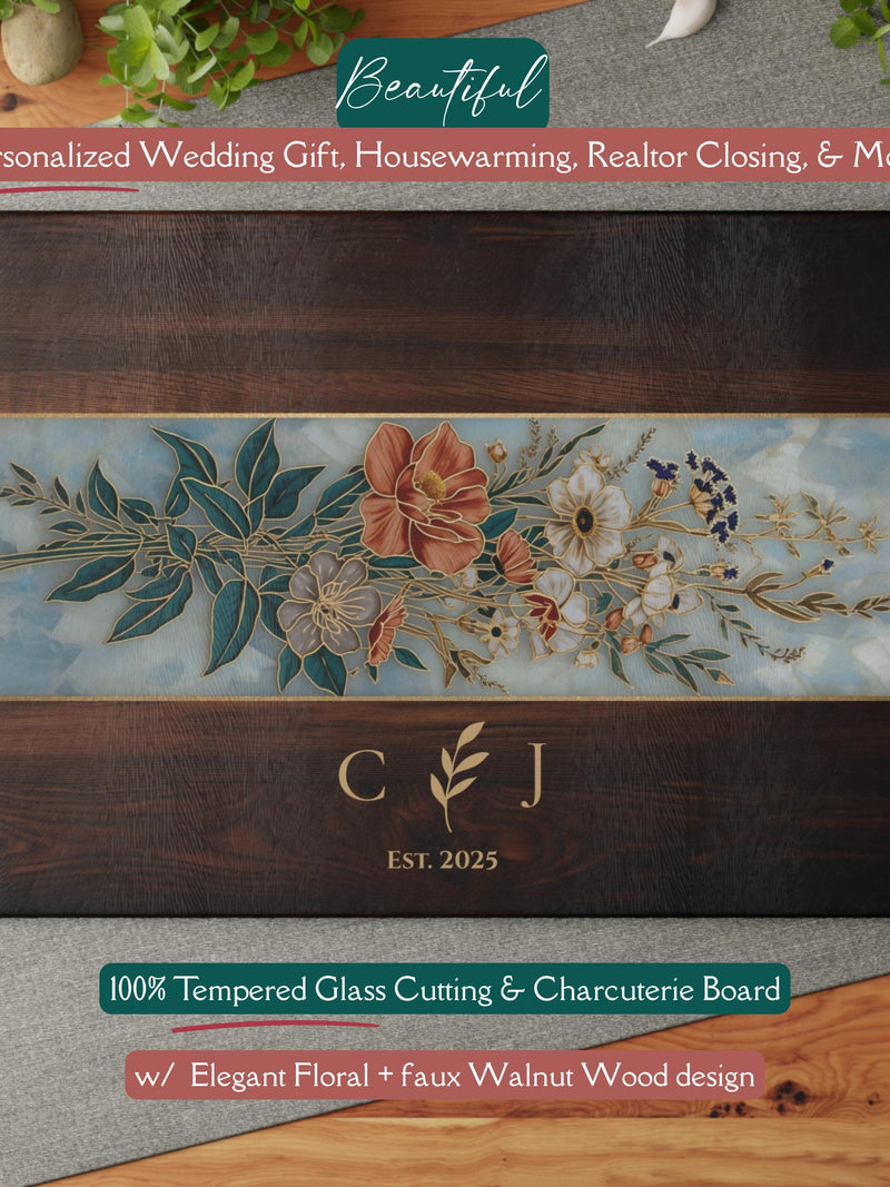 Personalized Floral *Glass* Cutting Board, Botanical Monogram Kitchen Charcuterie, Anniversary or Wedding Gift for Couple Housewarming Board ANNIVERSARY