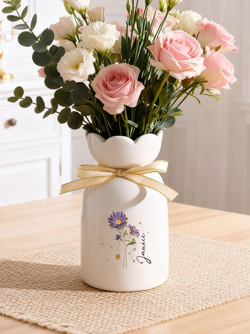 Personalized Birth Flower Ceramic Vase, Custom Name Ceramic Vase,  Zodiac Sign Vase,Birthday Gift for Mom, Housewarming Gift, Home Decor ANNIVERSARY