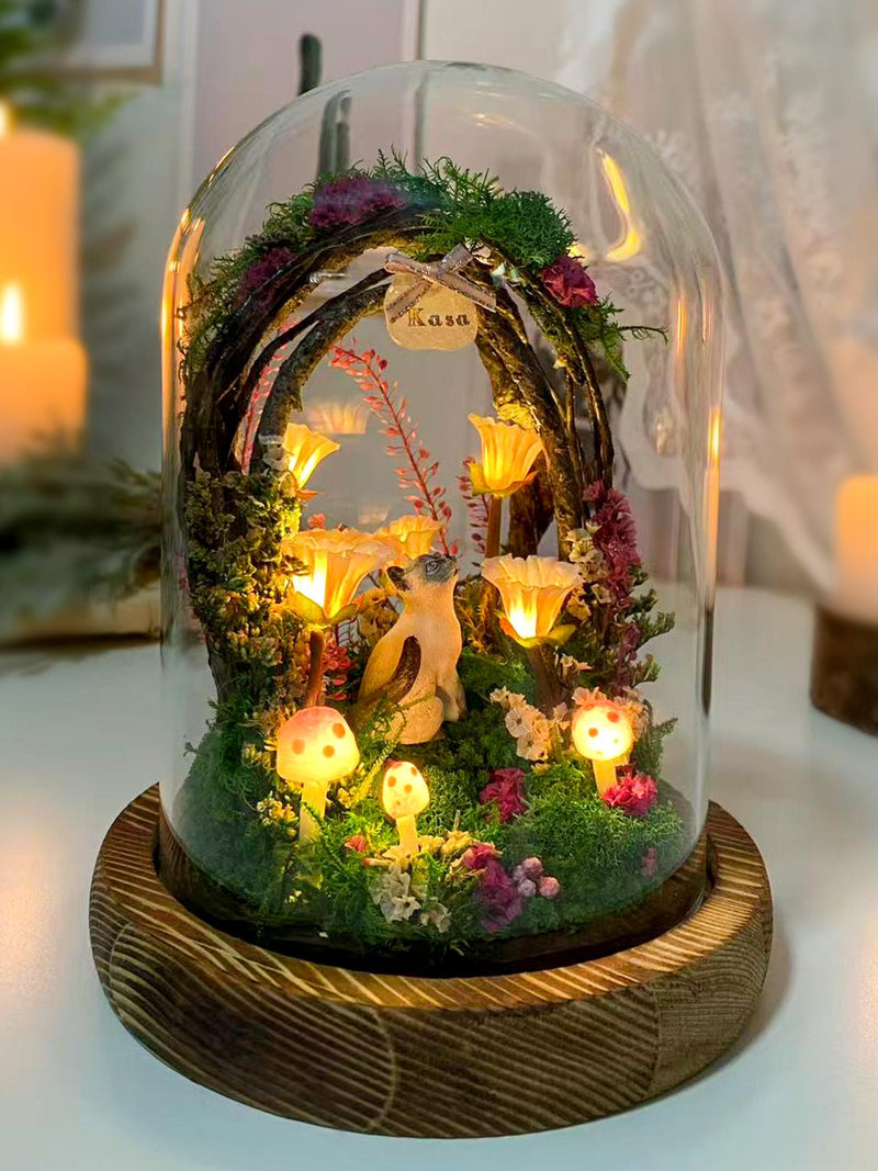 Personalized Pet Memorial Night Light, Custom Cat or Dog Figurine, Enchanted Mushroom Lamp with Cat Miniature, Bell Flower Lamp, Unique Gift sympathy flower