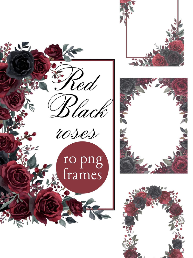Gothic Black and Red Roses Frame Clipart, Watercolor Dark Floral Border, Wedding Stationery Love Romance Flower