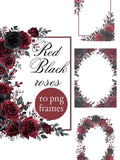 Gothic Black and Red Roses Frame Clipart, Watercolor Dark Floral Border, Wedding Stationery Love Romance Flower