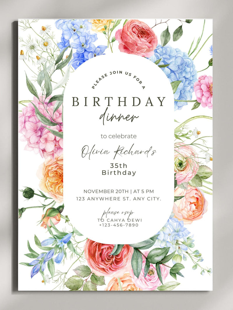 Floral Dinner Party Invitation Template, Editable Printable Flowers Invite, WomenÕs Birthday Dinner or Celebration Party Canva Template birthday flower