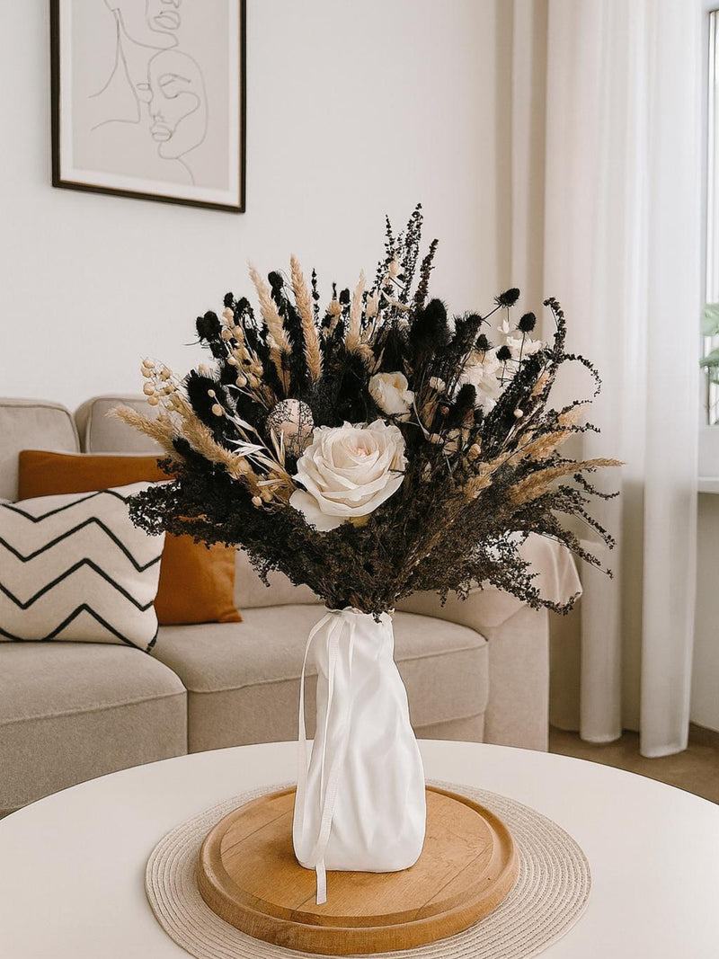 Black & Ivory Dried Flower Bouquet: Gothic Boho Wedding Decor Bouquet