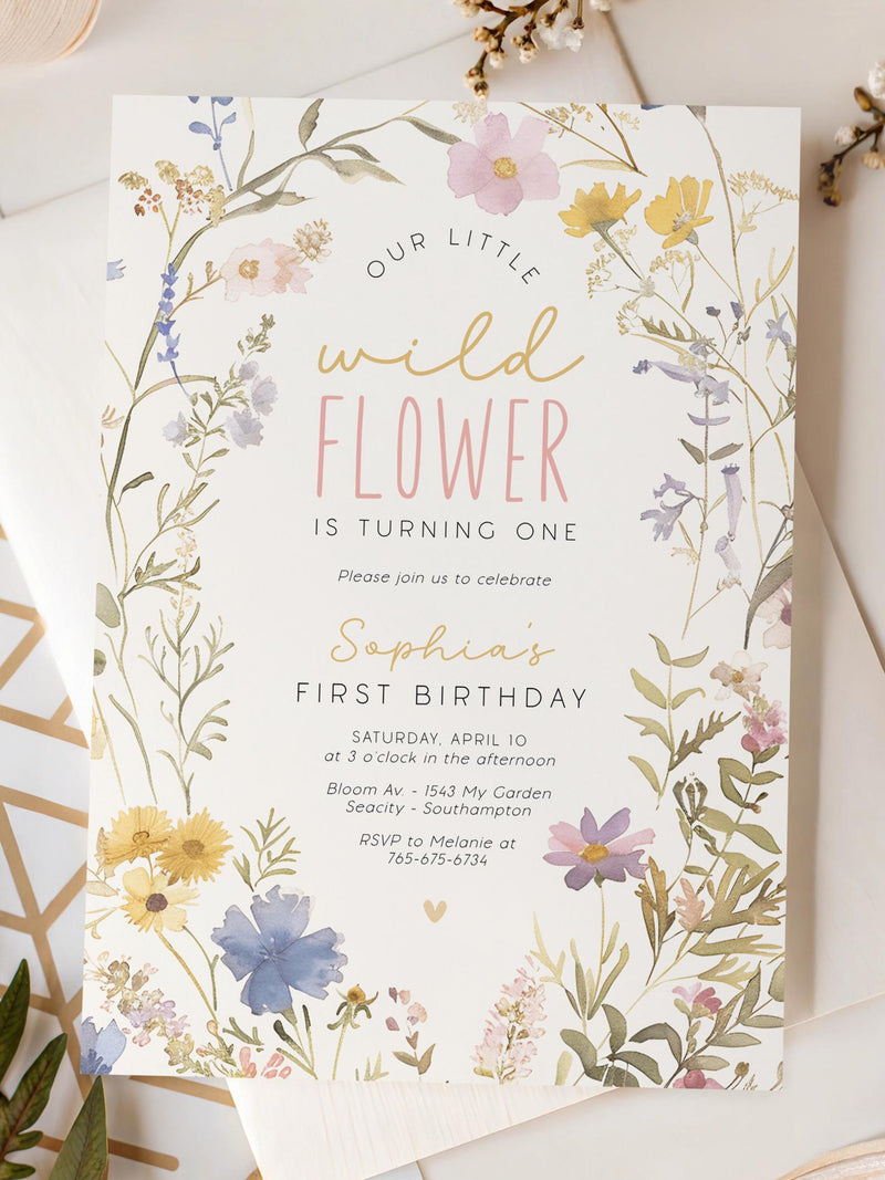 Wildflower 1st Birthday Invitation Template, Wild One Design Digital File F-000 birthday flower