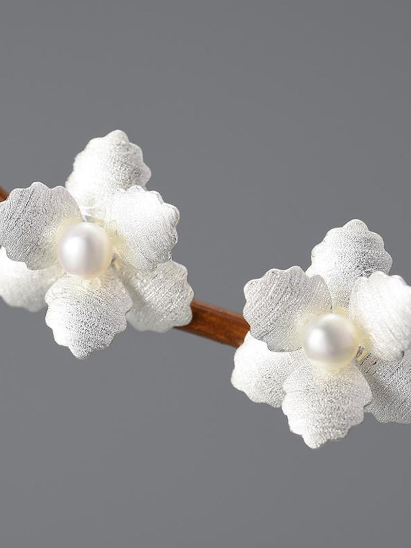 Silver Pearl 12mm Flower Stud Earrings ¥ Solid Sterling Silver ¥ Botanical Organic Floral Earrings ¥ Tariff Free Delivery to USA FLOWER DELIVERY