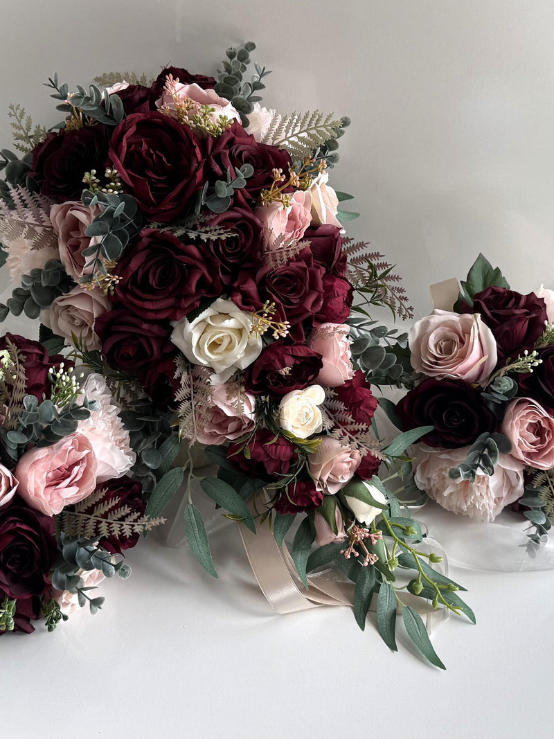 Cascading Wedding Bouquet Bridal Bouquets Peony Rose Mulberry Ivory Pink Eucalyptus Flowers Bouquet