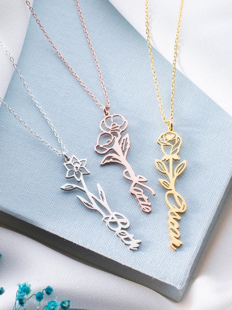 Sterling Silver Birth Flower Necklace: Personalized Floral Name Jewelry birthday flower