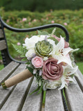 Artificial Bridal Prom Wedding Bouquet: Mauve Roses, Succulents - Add Corsage Boutonniere More Bouquet