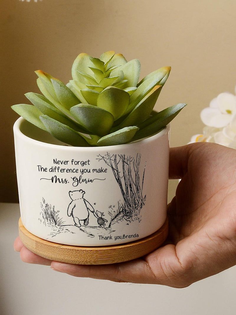 White ceramic flower pot with line-art bear and 'Never forget' text, green succulent