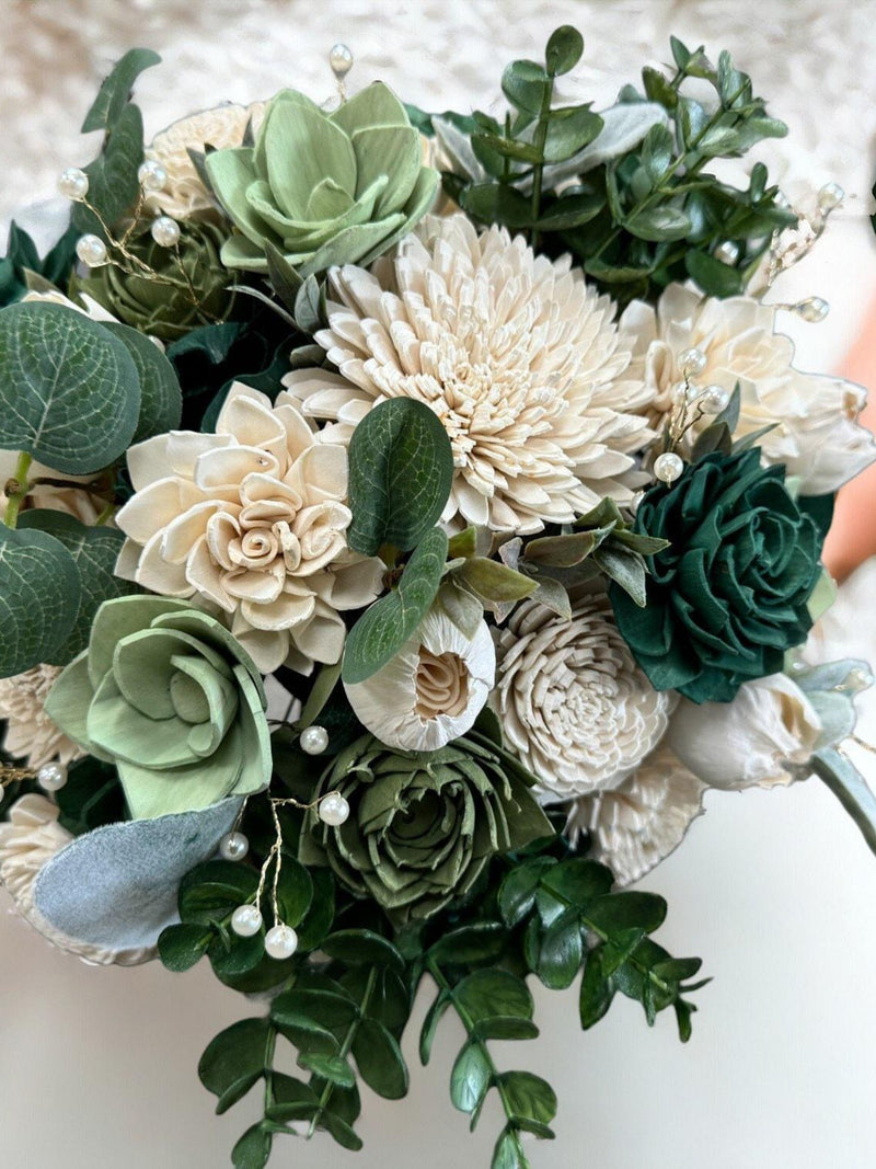 Emerald Green Sola Wood Flower Wedding Bouquet, Gold Accents, Bridal Bouquet with Succulents, Pearls, White Sola Flowers, Elegant Floral Bouquet