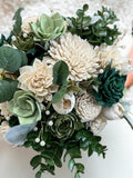 Emerald Green Sola Wood Flower Wedding Bouquet, Gold Accents, Bridal Bouquet with Succulents, Pearls, White Sola Flowers, Elegant Floral Bouquet