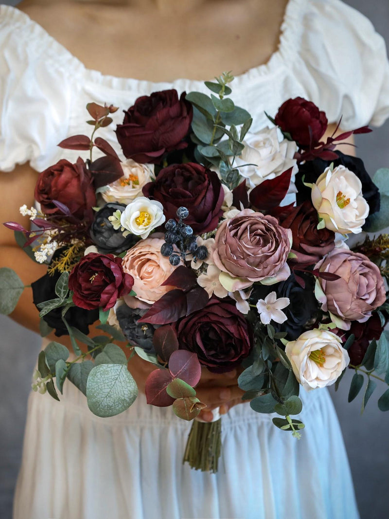 Chic And Moody Silk Flower Bridal Bouquet, Handmade Faux Wedding Flowers silk flower