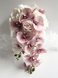 Cascading Wedding Bouquet: Dusty Pink Roses, Silk Peonies, Real Touch Blush Orchids Bouquet