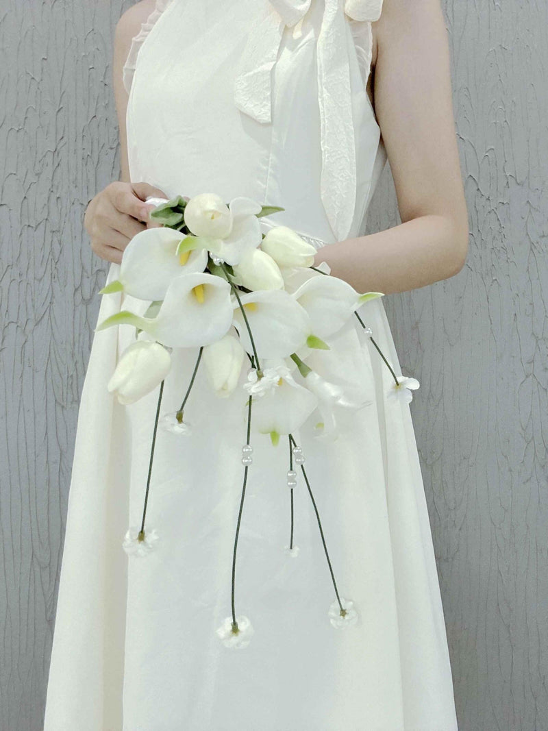 Elegant White Calla Lily Bouquet with Dainty Hanging Blossoms Bouquet