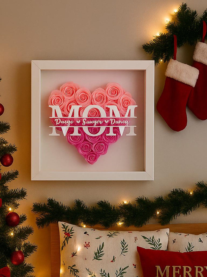 Personalized rose shadow box with pink rose heart inside white frame, custom name text