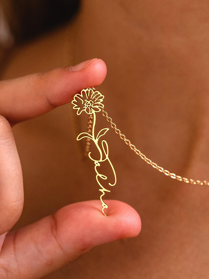 Personalized Name Necklace with Birth Flower, Tiny Birth flower Name Necklace, Custom Name Jewelry for Bridesmaids, Christmas Gift for Mom birthday flower