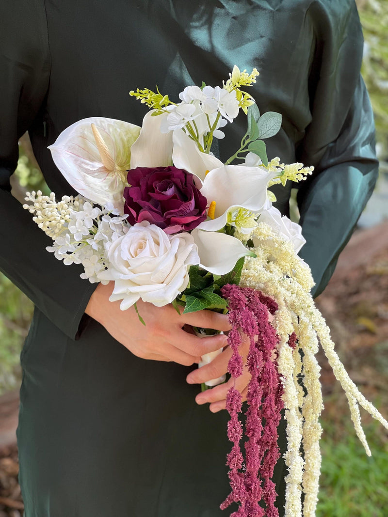 White and burgundy Cascading Bridal Bouquet: white anthurium calla lily, white and burgundy Amaranthus Bouquet