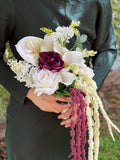 White and burgundy Cascading Bridal Bouquet: white anthurium calla lily, white and burgundy Amaranthus Bouquet