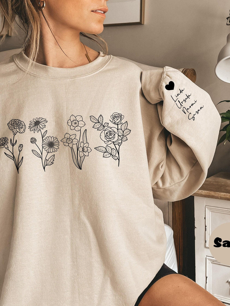 Custom Birth Month Flower Sweatshirt With Names On Sleeve, Personalized Birth Flower Hoodie, Cute Grandma Outfit, Happy Mother's Day Gifts birthday flower