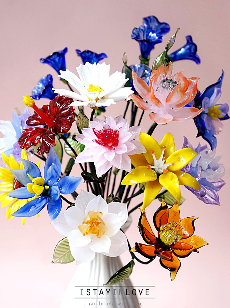 Hand Blown Glass Flower Bouquet, Birth Month Flower Gift, MotherÕs Day, Anniversary, Carnation, Rose, Daisy, Poppy ANNIVERSARY