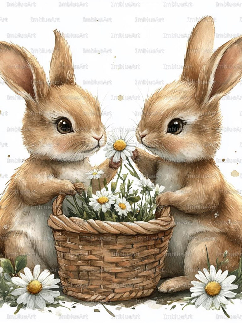 24 Valentine Bunnies Clipart, Cute Rabbit Couple with Flowers, Watercolor Printable JPG, High Quality 300 DPI, Scrapbook, Junk Journal Love Romance Flower