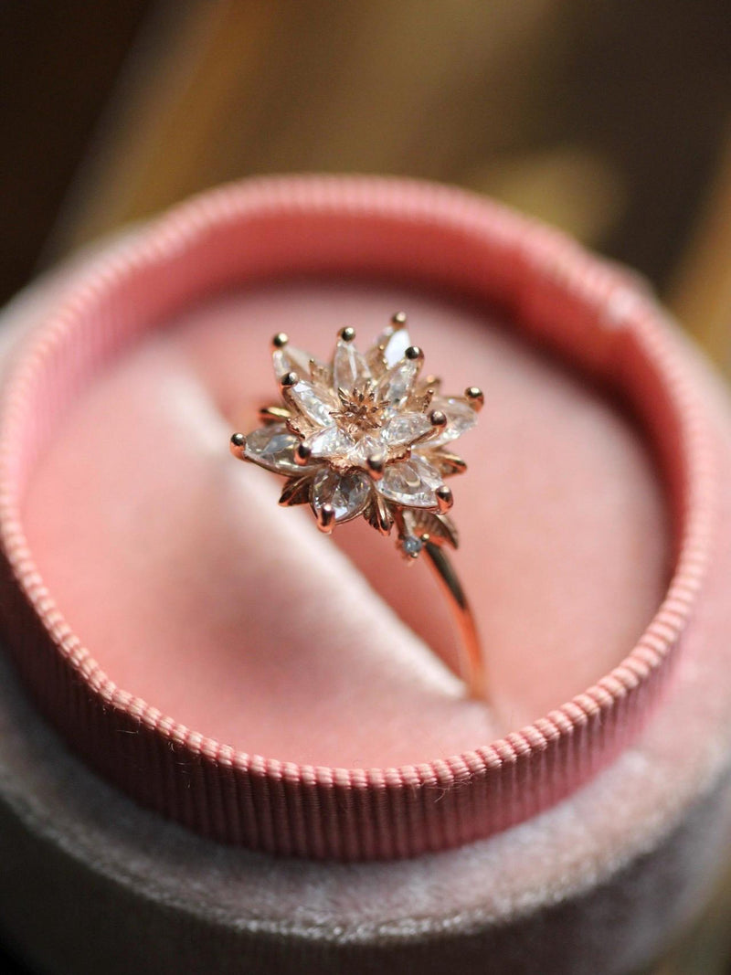 White Zircon Lotus Ring, Promise Ring, Gift for Mom, Engagement Ring, April Birthstone, Dainty Floral Ring, Silver or Gold wedding flower