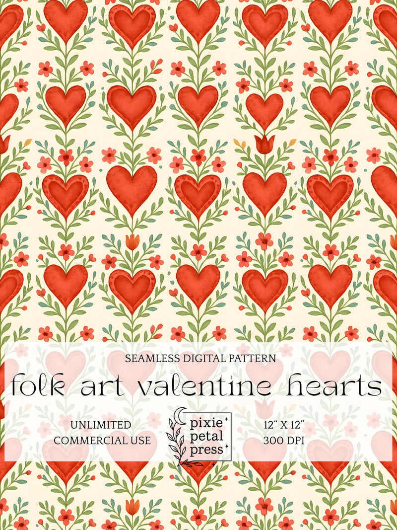 Folk Art Valentine Hearts Seamless Pattern 300 DPI PNG Rustic Love Floral Vines Romance Art Digital Paper Fabric Surface Design File POD Love Romance Flower