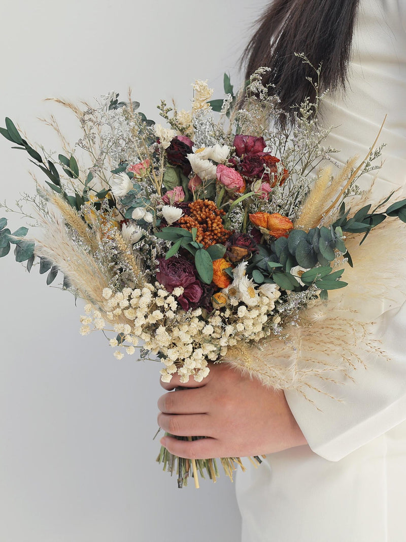 Eucalyptus + Ranunculus Dried Flowers Wedding Bouquet Daisy Wildflower Mix Bohemian pampas grass Bridal Bouquet FLOWER DELIVERY