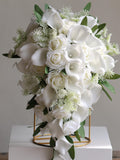 Real Touch Calla Lily Bridal Bouquet: Faux Ivory Roses, Lace, Eucalyptus Bouquet