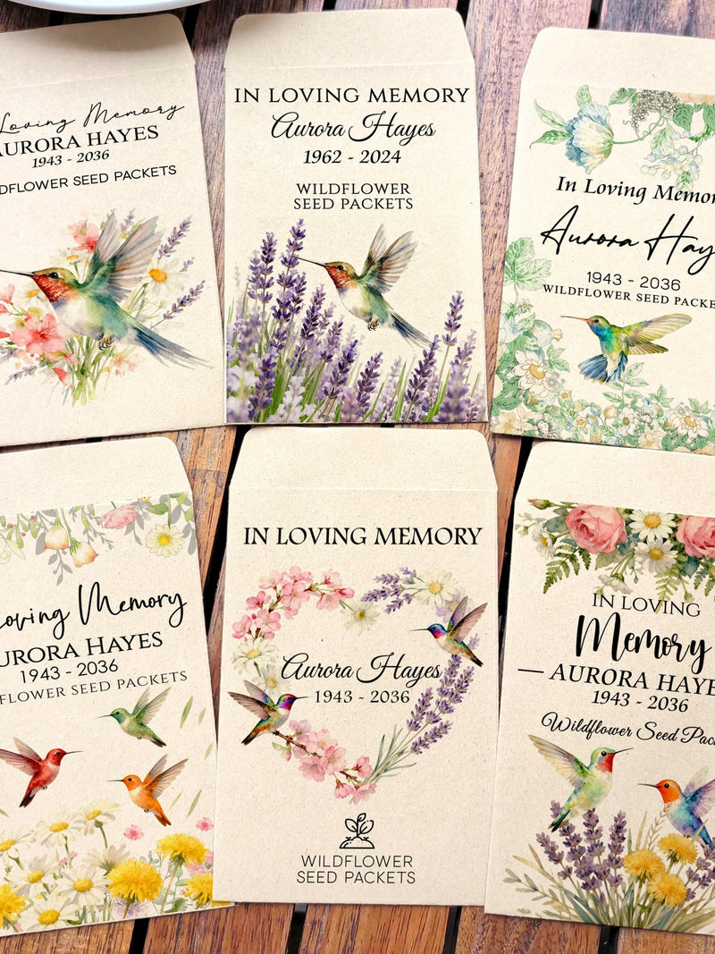 In Loving Memory Wildflower Seed Packets, Hummingbird Funeral Seed Packets, Bulk Memorial Seed Favors, Sympathy Gift, Celebration of Life seeds bulk