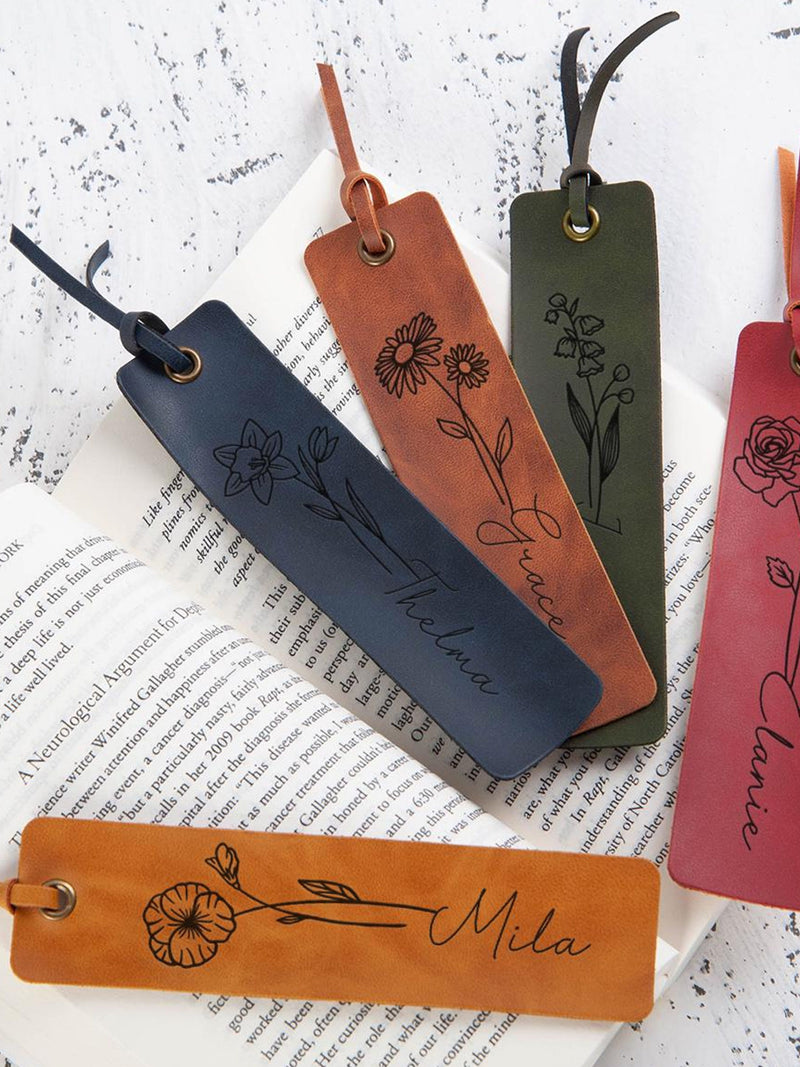 Personalized Leather Bookmark: Engraved Name, Birth Flower, Reader Gift birthday flower