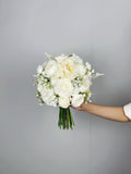White Wedding Bouquet, Boho Bridal Bouquet, Classic Round Shape Wedding Bouquet, Made with Rose, Peony, Ranunculus, Baby's Breath Bouquet