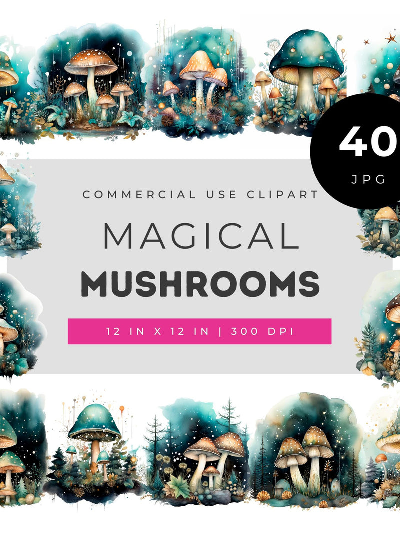 Magical mushrooms clipart bundle with enchanted forest toadstools for invitations scrapbooking fantasy art crafts and DIY projects JPG set flower spore