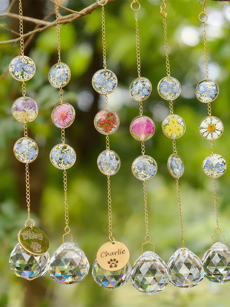 Personalized Pet Memorial Wind Chime, Pressed Forget Me Not Flower, Crystal Suncatcher sympathy flower
