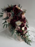 Cascading Wedding Bouquet Burgundy Red Mulberry Dusty Pink Ivory Roses Eucalyptus Gum Peonies Bouquet