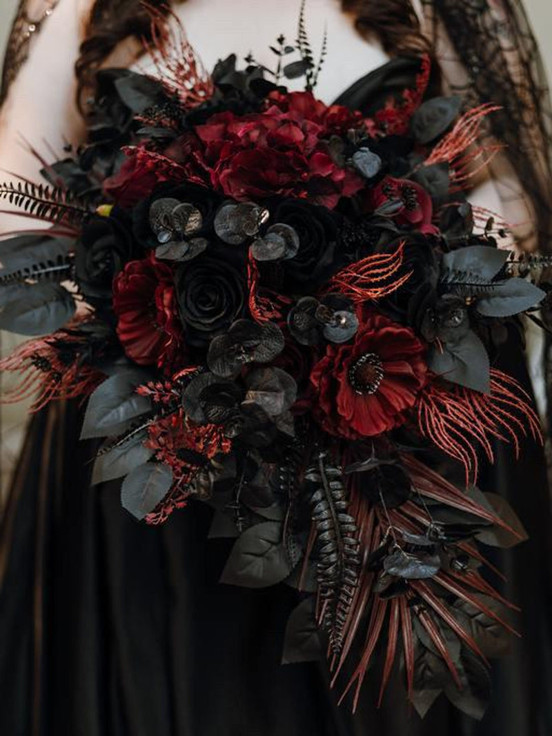 Black burgundy bouquet, Gothic cascading  bouquet, Moody bouquet, Wedding decor Bouquet