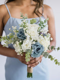 Blue and White Bridal Posy, Elegant Rose Bouquet with Baby Breath and Eucalyptus Bouquet