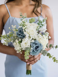 Blue and White Bridal Posy, Elegant Rose Bouquet with Baby Breath and Eucalyptus wedding flower