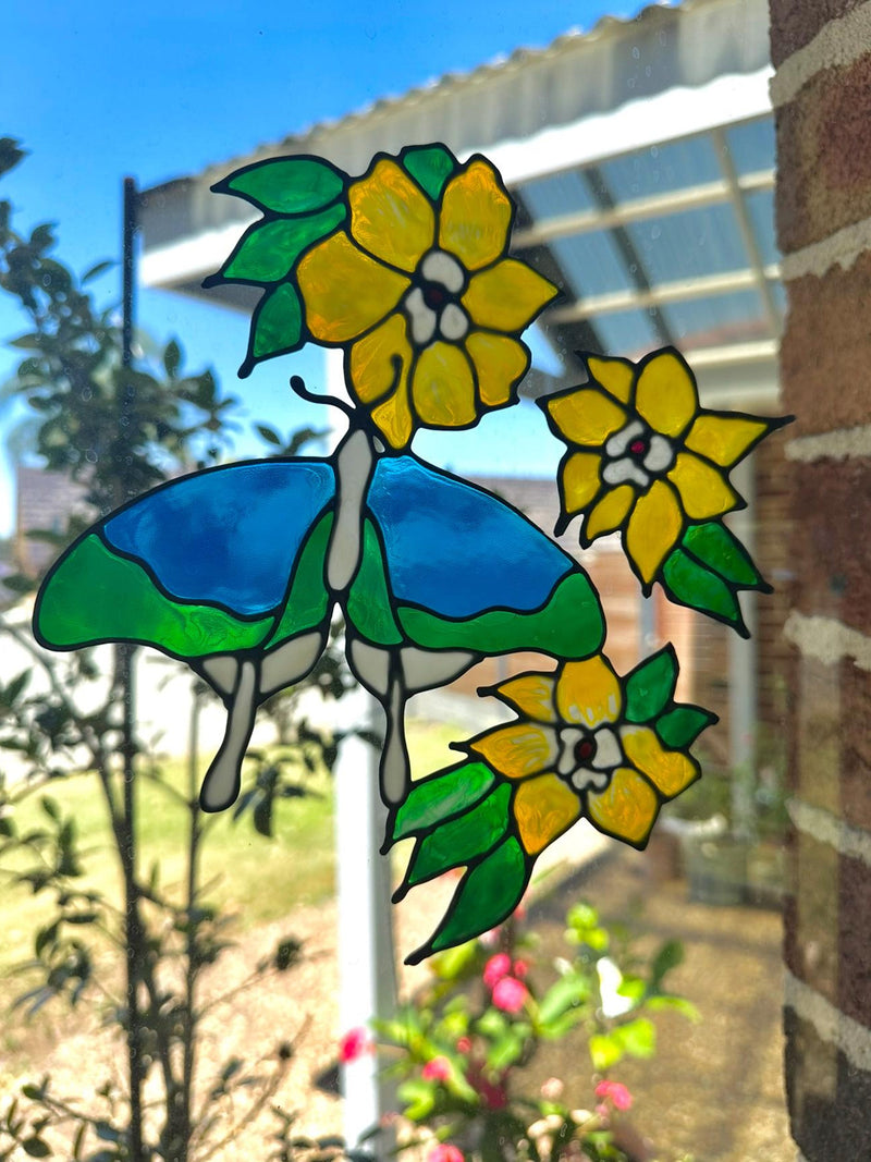 Stained Glass, Suncatcher ,Butterfly flowers, Decal, Cling , Home Decor, House Decoration, House Warming house warming flower