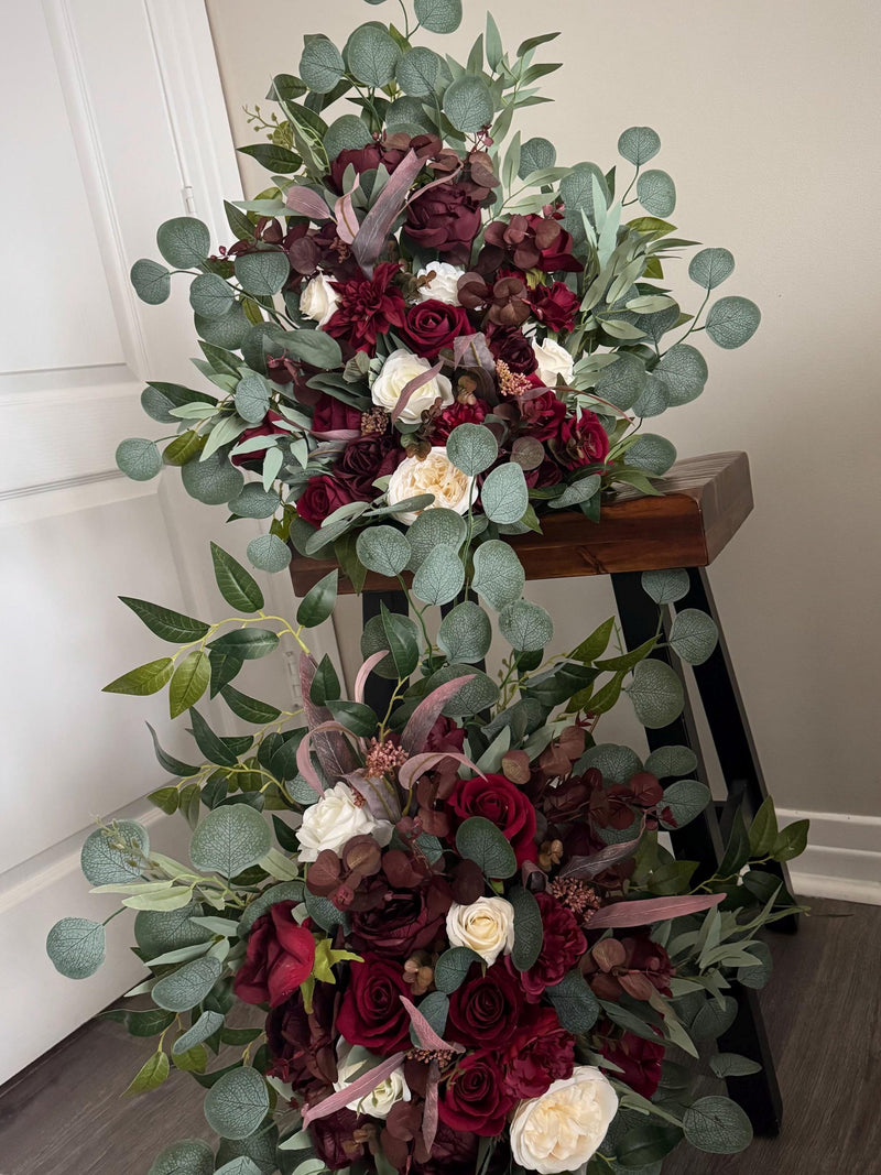 Burgundy Ivory Aisle Flowers Set of 2 Floor Arch Arrangement Wedding Aisle Marker Arbor Arrangement Flowers Eucalyptus Wedding wedding flower