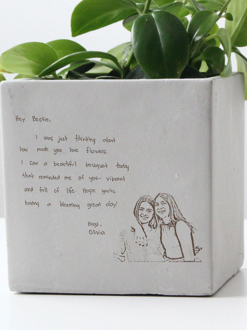 Personalized Bestie Handwriting Gift, Custom Name & Photo Engraved Planter Pot, Christmas Gift For Best Friend, Plant Lovers Birthday Gift birthday flower