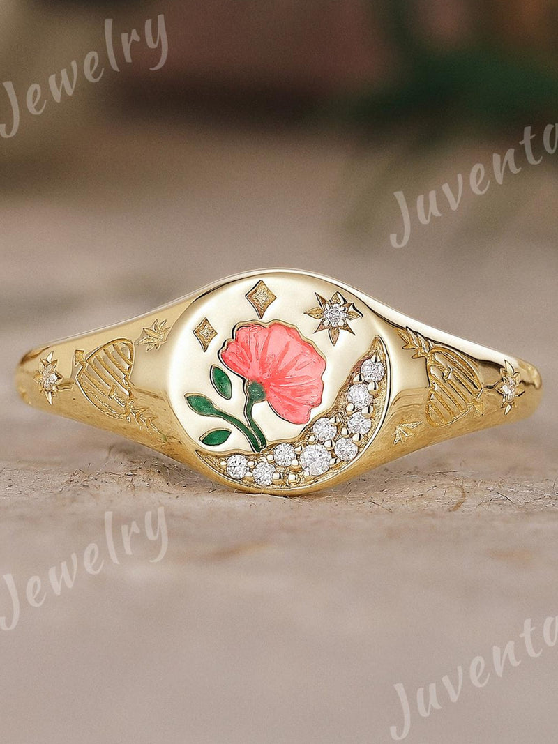 Art Deco Enamel Floral Signet Ring Solid Gold Unique Moissanite Cluster Ring for Women Natural Inspire Ring Custom Birth Flower Ring for Her ANNIVERSARY