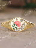 Art Deco Enamel Floral Signet Ring Solid Gold Unique Moissanite Cluster Ring for Women Natural Inspire Ring Custom Birth Flower Ring for Her ANNIVERSARY