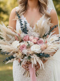 Dusty Pink Rose Bouquet: Pampas Grass & Eucalyptus, Cream and Blush Flowers, Rustic Boho Wedding Bouquet