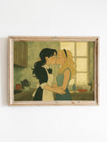 Sapphic Kiss in Sunlit Kitchen Ð Cozy Lesbian Wall Art Print Love Romance Flower